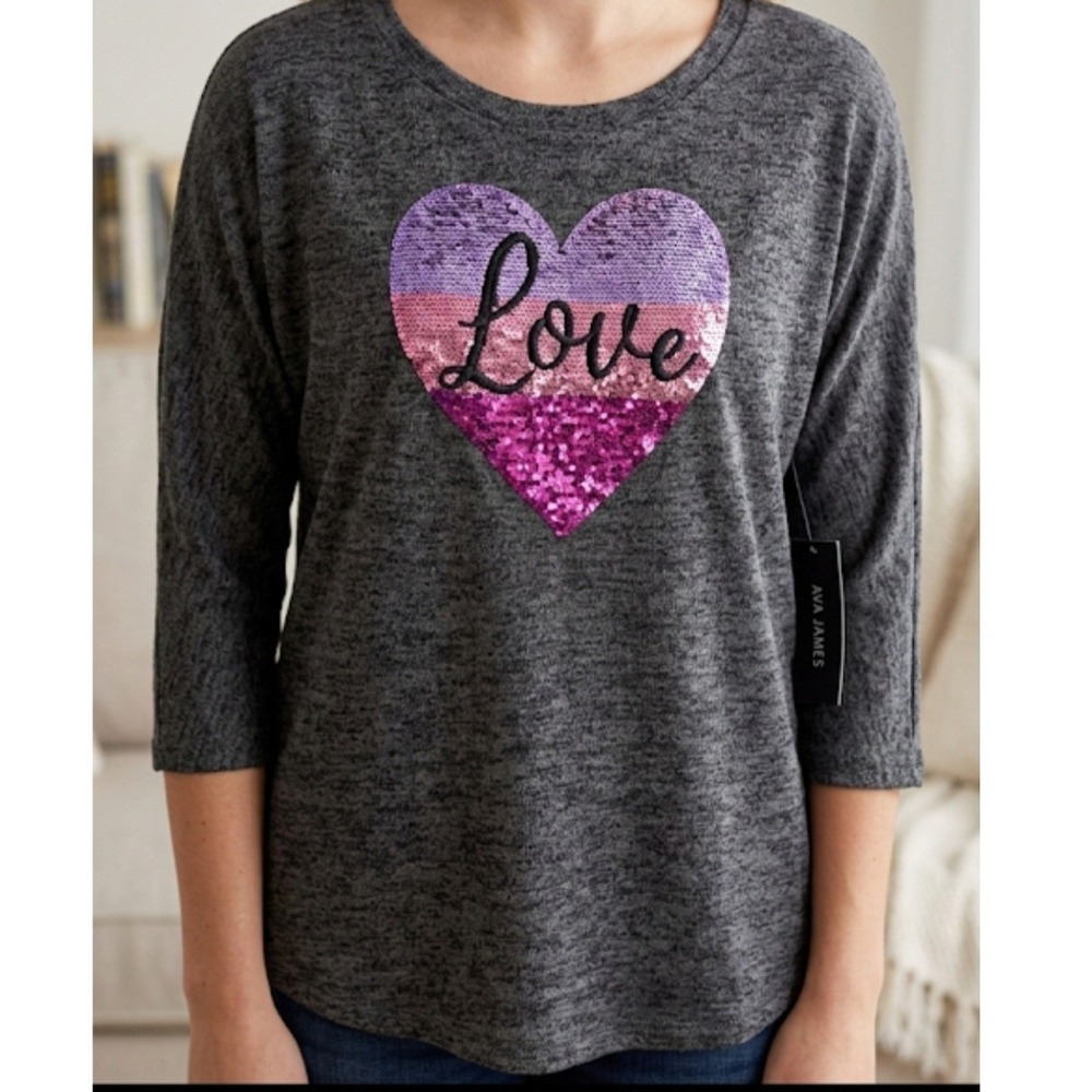 Ava James Gray SOFT Thin Knit Long Sleeve Top With Purple Glitter Sequin Sz L